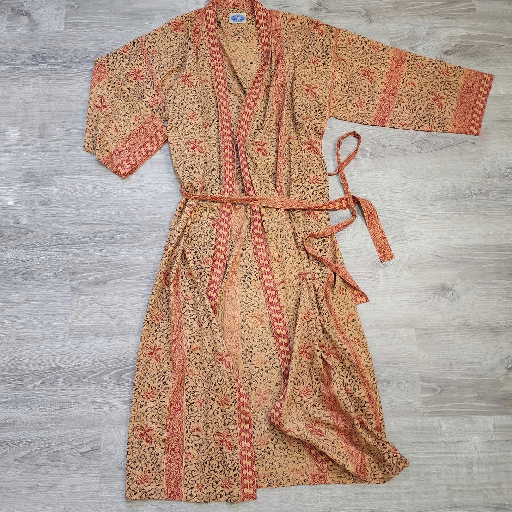 JOHN ROBSHAW Long Tie Waist Cotton Robe  Red Tan